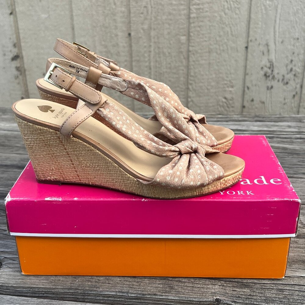 Kate Spade Polka Dot Espradrille Wedge Peep Toe Beige Sandals Summer Size 9